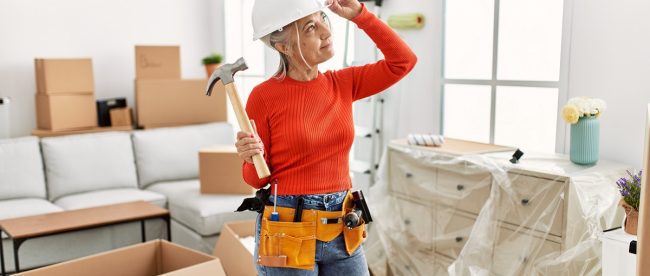 GenX woman getting ready to do some home decorating and improvements standing in a room wearing a toolbelt