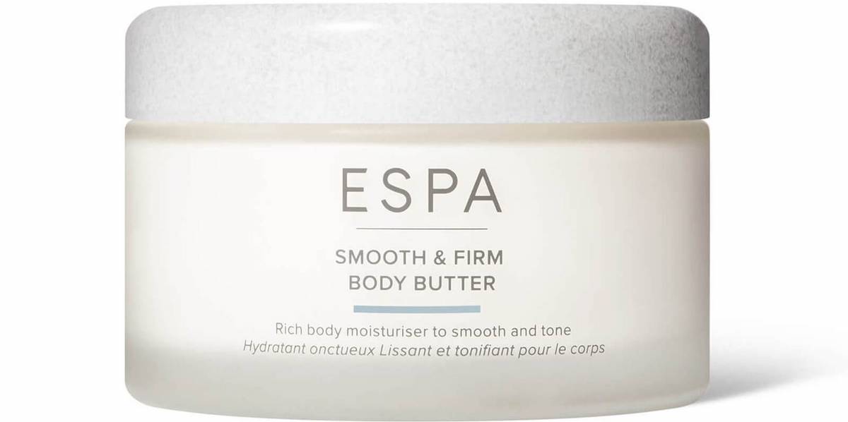 Small white tub of E SPA smooth and firm body butter. Summer beauty edit on Silver.