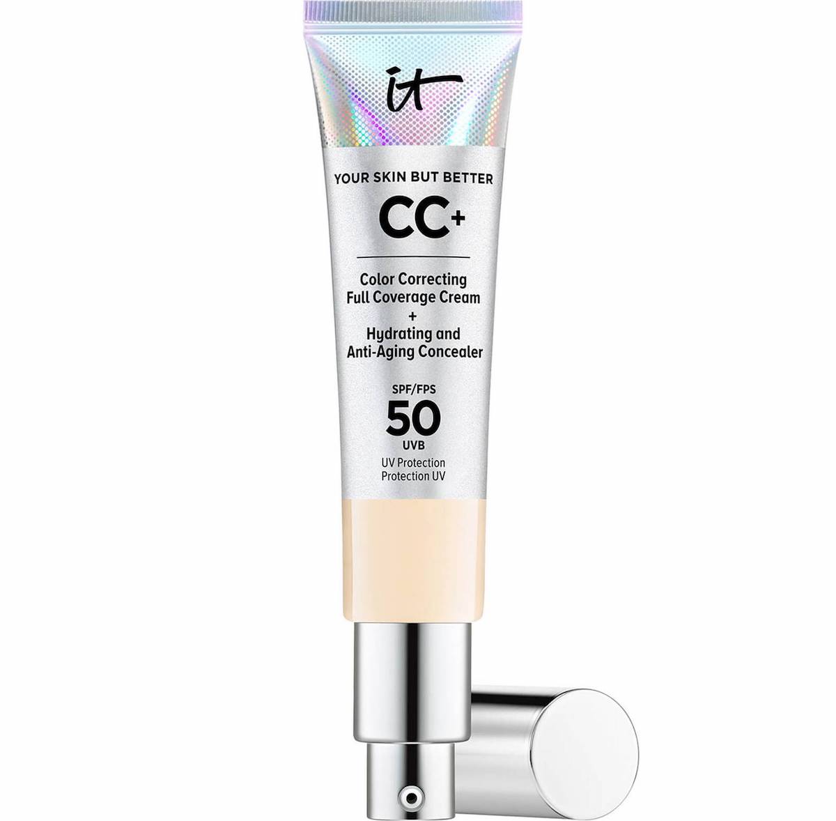 Silver tube of CC cream by IT cosmetics on white background. Summer beauty on Silver 