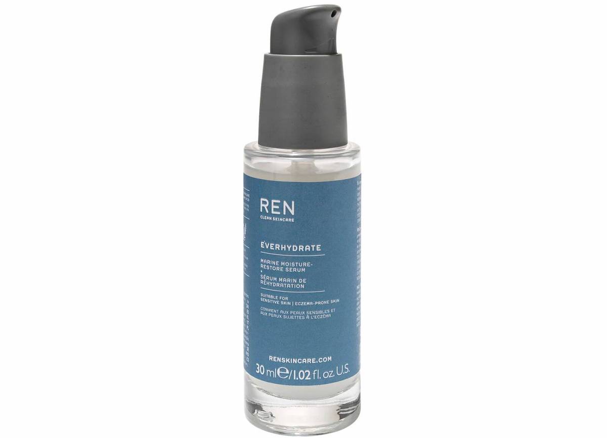 Glass bottle with a blue label against a white background. Ren moisture-restore serum. 