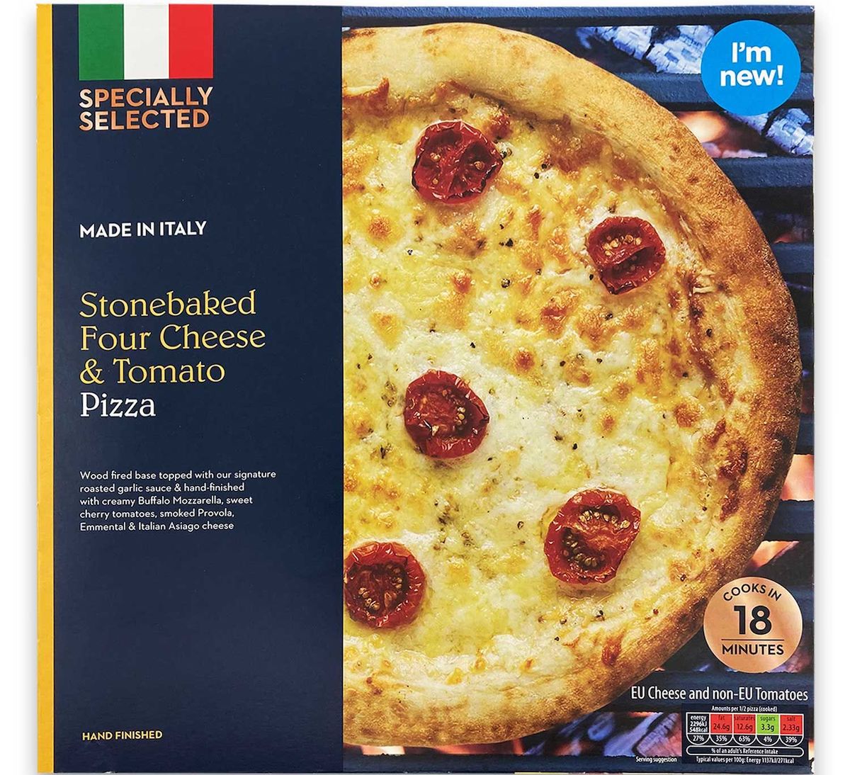 Stonebaked pizza box with three cheese pizza image displayed.