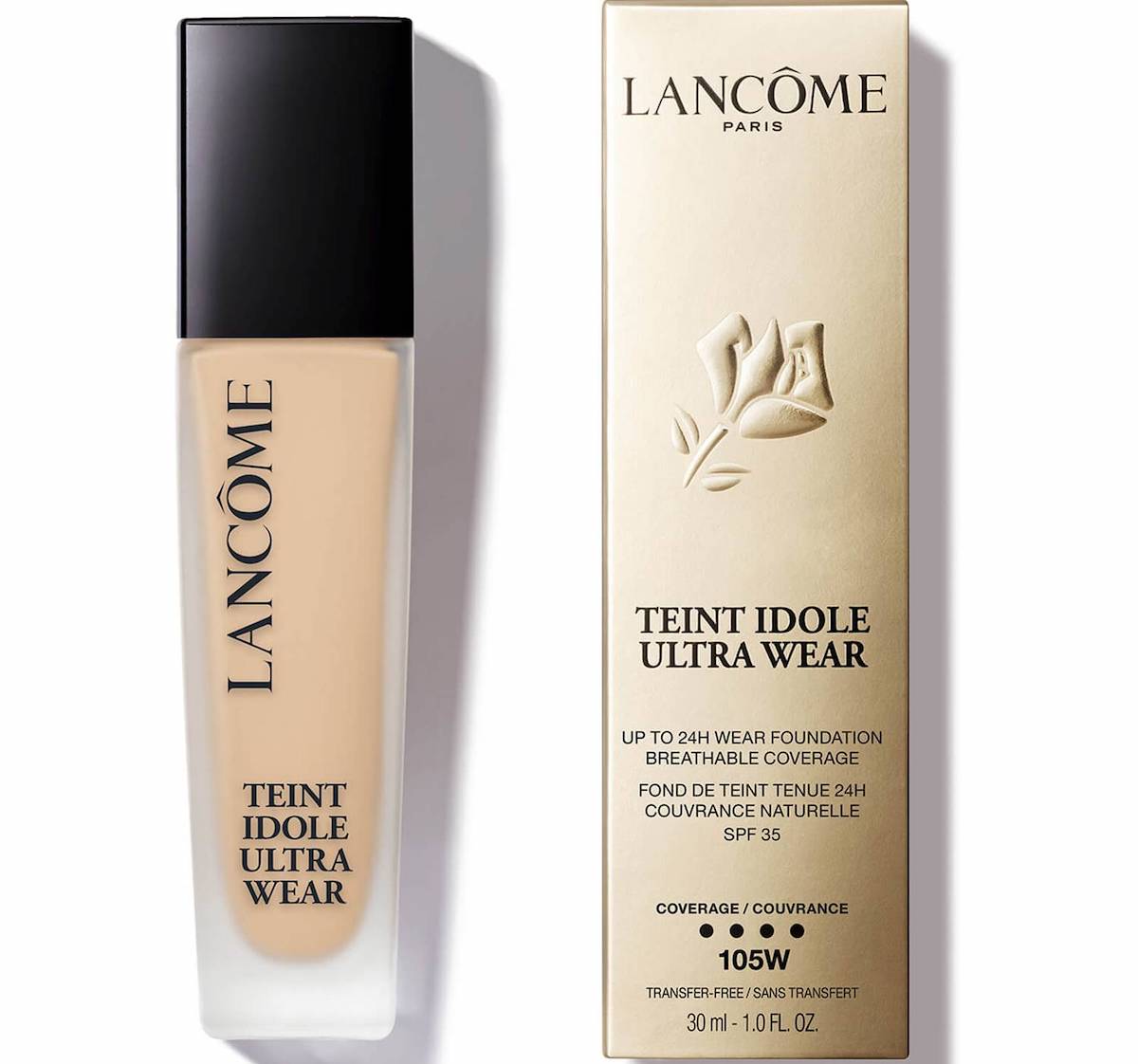 A glass bottle of foundation, next to packaging tube against a white background. Lacome ultra wear foundation. 