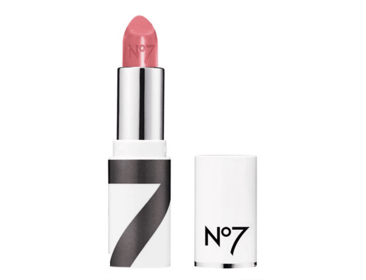 White lipstick tube with pink lipstick raised up, against a white background. 