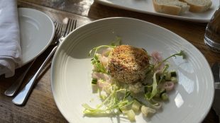 Plate of delicious food in the sun, showing fishcake and salad and pickles, part of the meal eaten at the spa for lunch