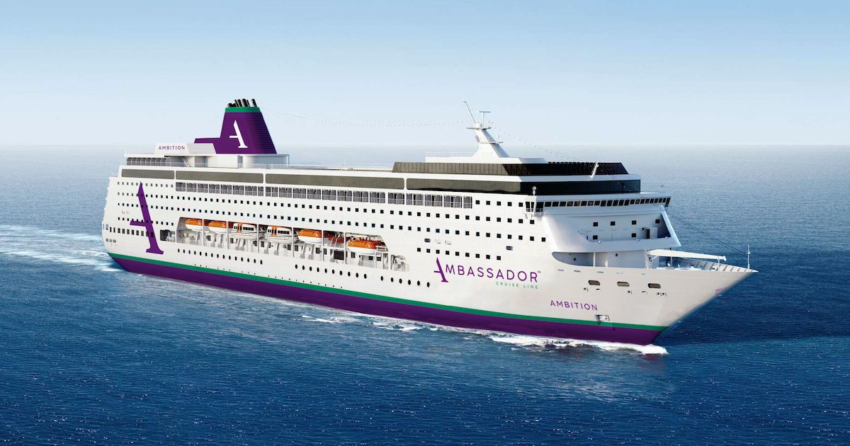 Cruise ship sails to the right on blue seas with purple writing 'Ambition' across the hull. 