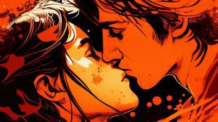 Image is a stylised graphic showing a couple kissing, reminiscent of romance novel cover artwork