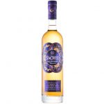 A clear glass bottle of Sacred Amber English Vermouth that is light orange in colour, purple top and matching label, set on a white background