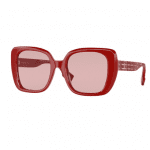 Red sunglass frame and pink sunglass lenses.