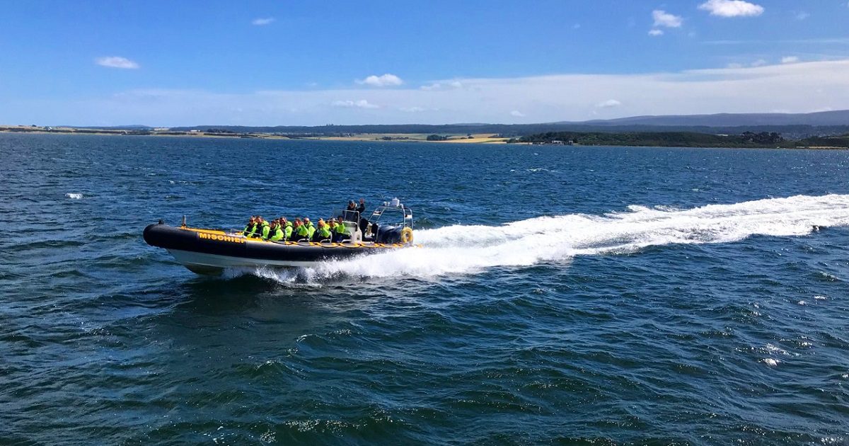 Image shows an inflatable speedboat called Mischief, skimming on blue water, with blue skies