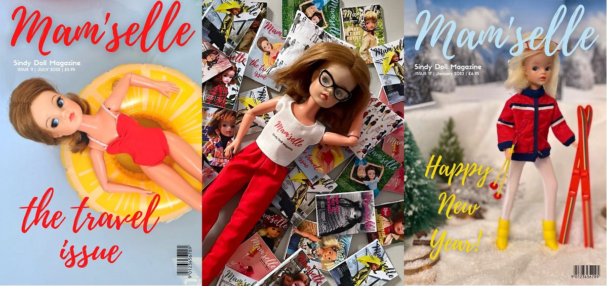 image shows montage of two sindy magazine covers and the sindy editor doll in the middle
