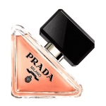 A triangular perfum bottle in a rosy/pink colour, with a black lid.