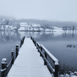 Snow covered walkway over a lake with ducks and snow covered fields in the background.