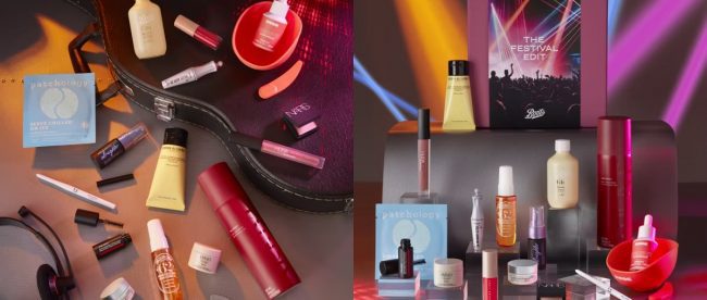 Image shows a composite of two shots, lots of different beauty products laid out on a plain background. Promotional image