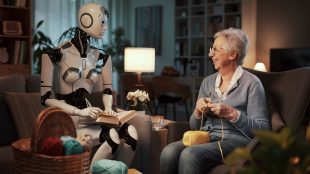 Image shows an older woman sitting with a robot companion happily sharing time together - she is knitting, the robot is reading