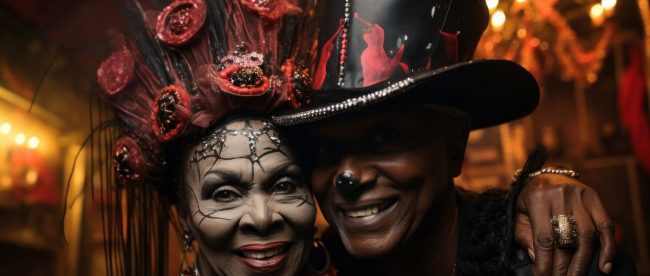 Two people smiling with large, extravagant, red and black hats and black face paint as Halloween costumes
