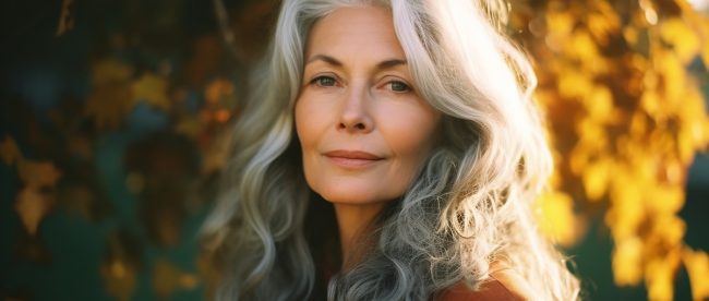 Smiling middle age grey-haired woman. Autumn leaves behind her