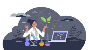Graphic image showing scientist. Biotech research with biology and technology science symbols, tiny person concept, transparent background. illustration.