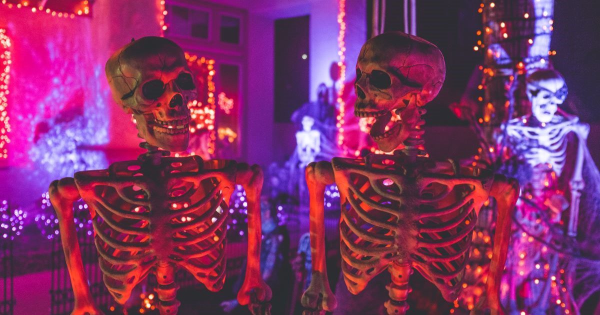 Two skeletons turned to face each other, with the right opening its mouth wide. They are surrounded by fairy lights and halloween decorations