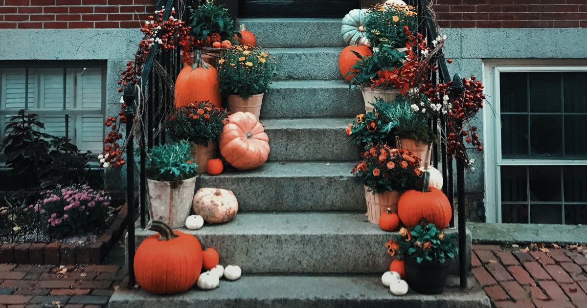 A staircase lined with autumnal flowers, berries and pumpkins to be used as a photo backdrop for an upmarket Halloween party