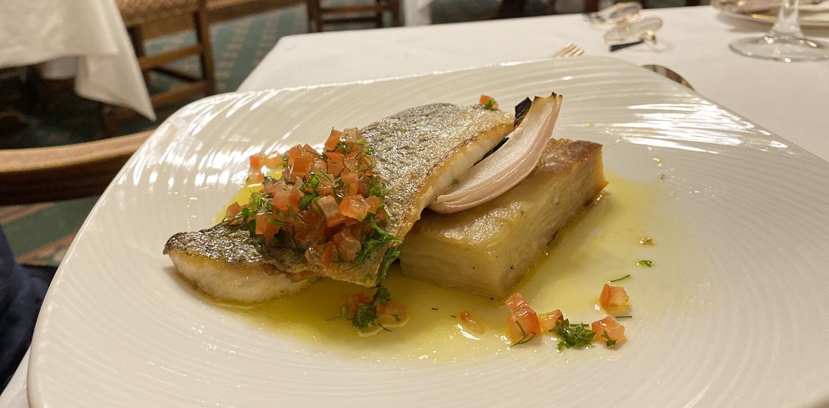 Close shot of plate of dinner - a pan fried fillet of sea bass, with tomato salsa, and a slice of dauphnoise potates