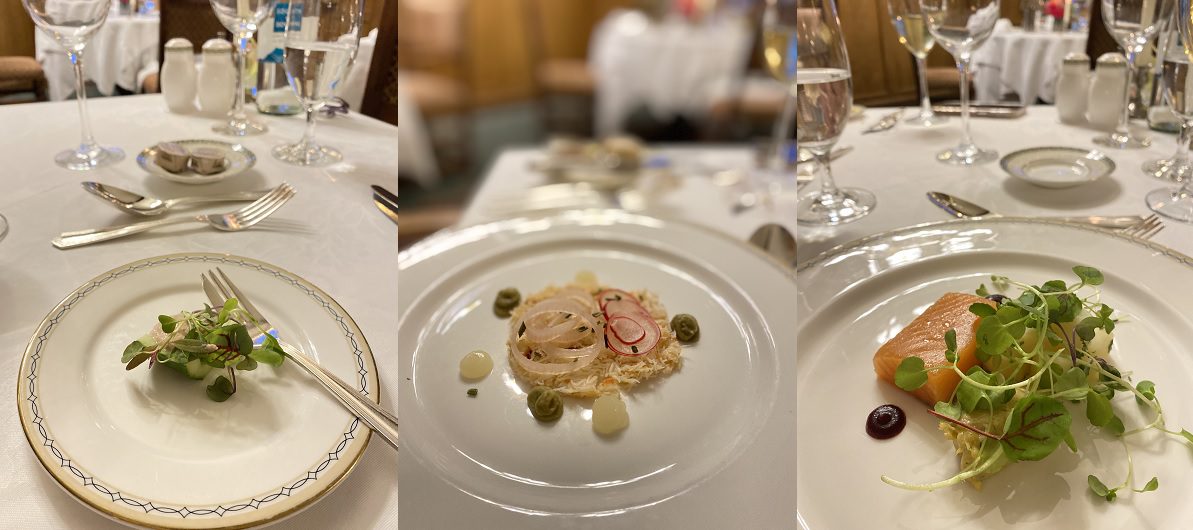 Three images showing small plates of food - an amuse bouche, a small crab salad, and a smoked salmon fillet all with little salads