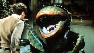 Still from film version of Little Shop of Horrors showing Audrey the giant plant and Rick Moranis
