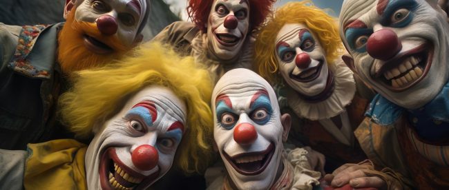 A group of clowns, as in a horror movie, look at the camera