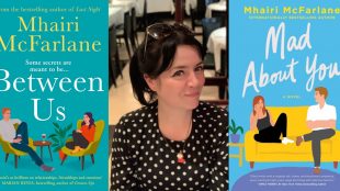 Image shows picture of author between two of her book covers, Between Us, and Mad About You