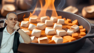 Image of Nick Lezard looking fed up overlayed over an image of a pan with sweet potatoes and marshmallows in. Lezard is leaning against the pan, which is on fire.