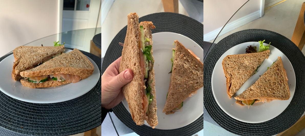 Image shows a collection of three images showing different aspects of the sandwich containing smoked salmon. On brown bread