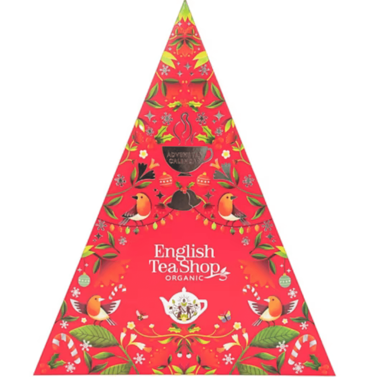 Red triangle advent calendar with festive print. Christmas advent calendars