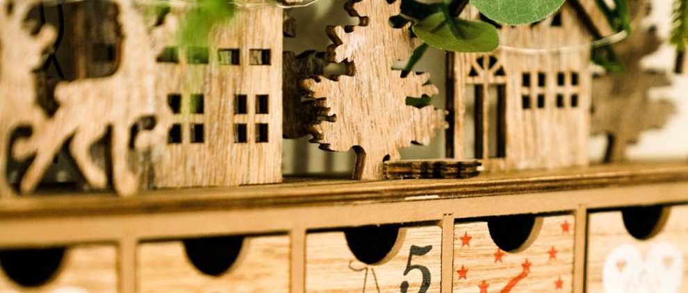 Image shows advent calendar made of wood
