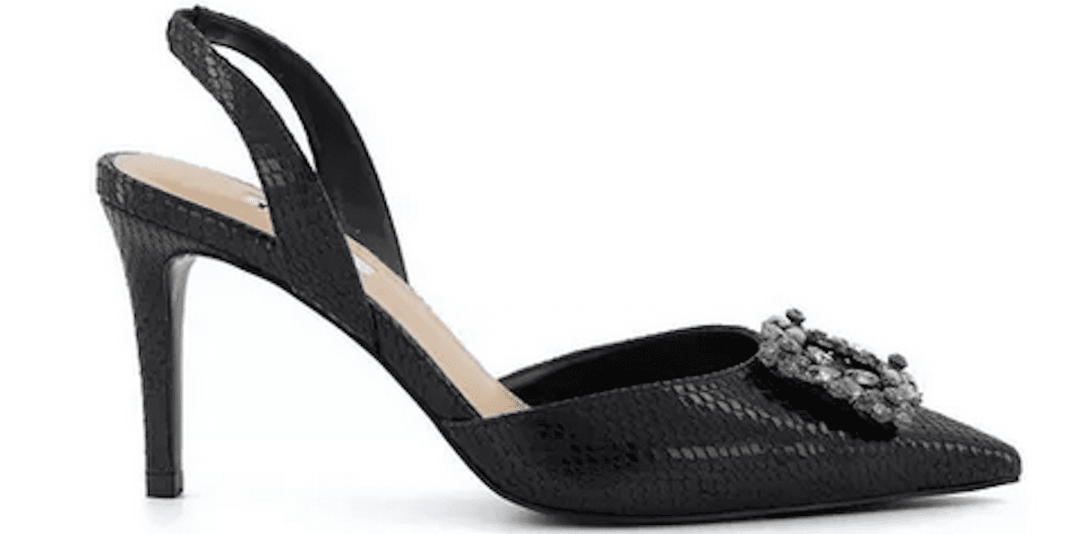 Black strappy heels with silver broach detailing on the front. Women's party wear ideas