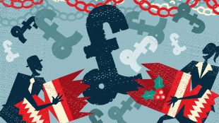 Vector illustration of Retro styled Businessman and Woman pulling a huge christmas cracker at their Christmas party and finding a surprise UK Pound financial bonus.