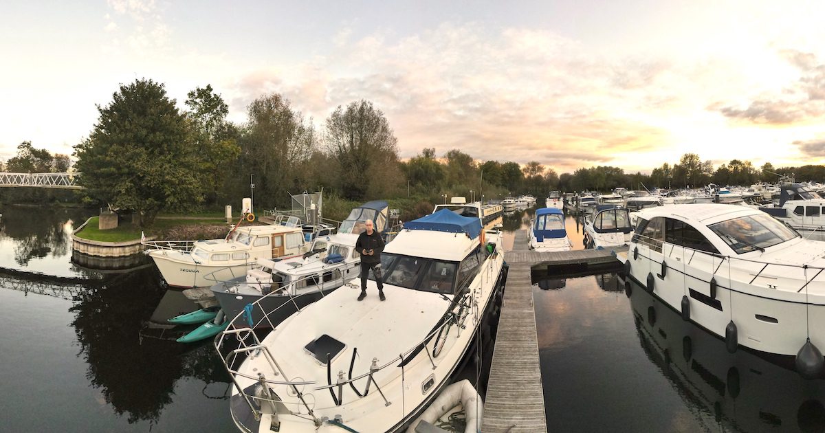 Panoramic shot of Stephen stood on his boat in Bray Marina, in the UK, before setting off to France. You're never too old