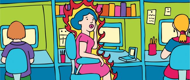 cartoon showing a woman having a menopause hot flush in an office setting