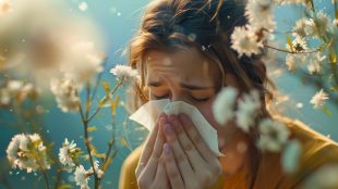 Brunette sneezing in paper napkin during early summer or spring. Allergenic pollen causing allergy problems during the blooming season.