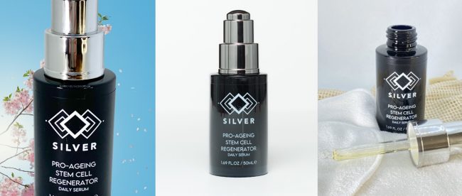 Image shows composite three shots of the Silver Pro-Ageing Stem Cell Regenerator Serum