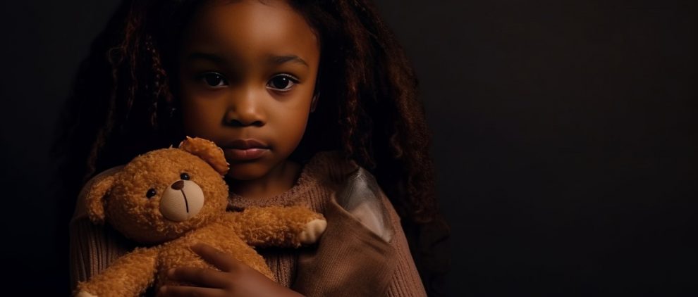 AI generated image of sad child with teddy bear